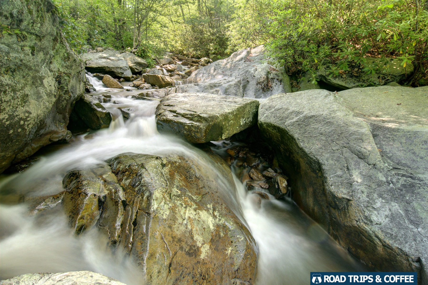 Water rushes across large boulders surrounded by lush trees on the Wilson Creek Trail at Grayson Highlands State Park in Virginia
