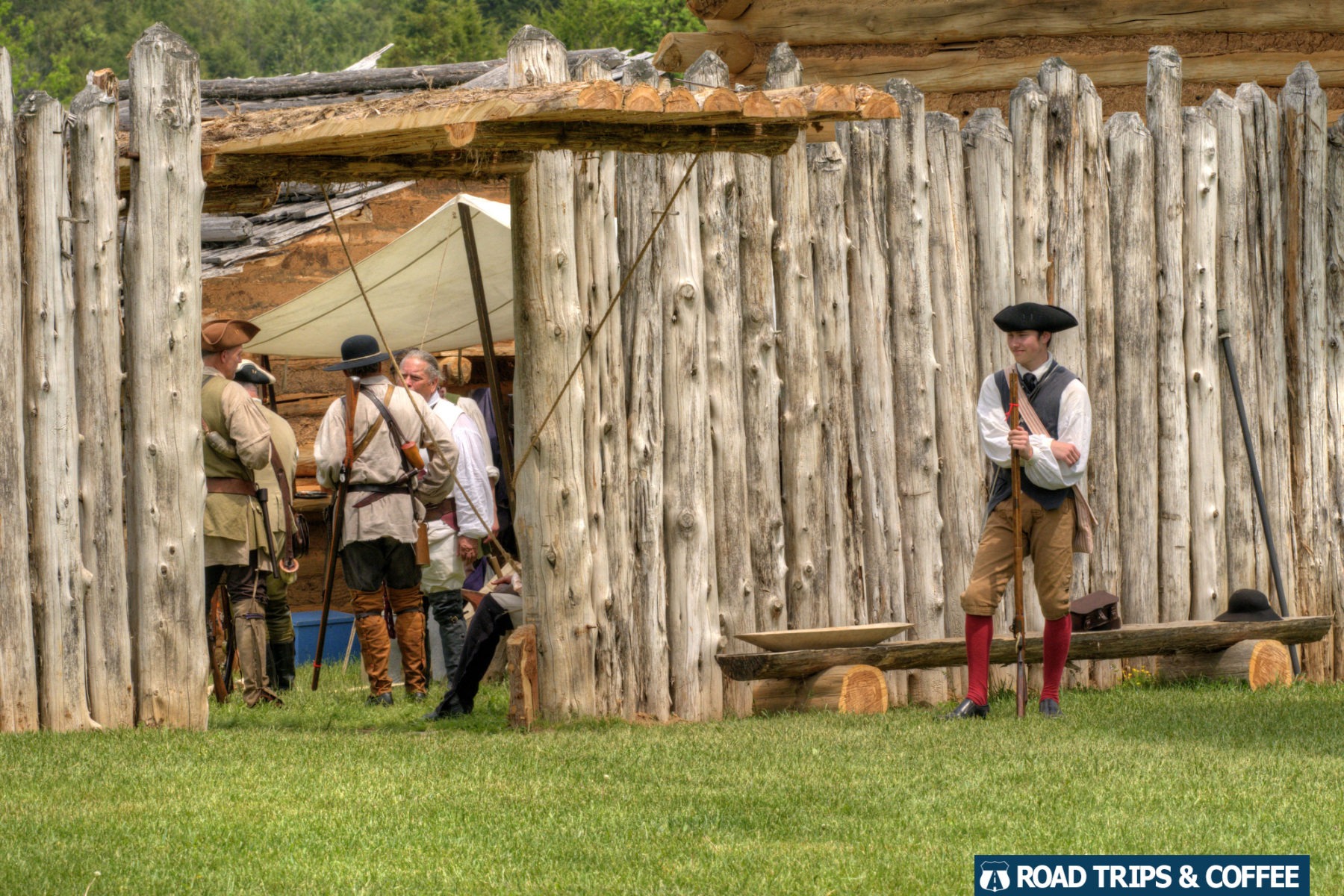 Reenactors inside the fort during the Raid at Martin's Station at Wilderness Road State Park in Virginia