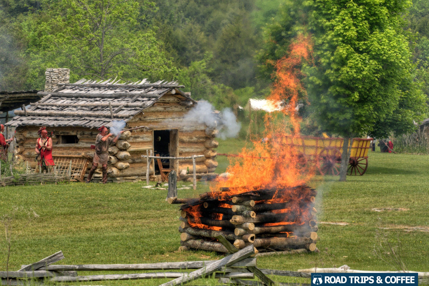 A burning fire during the Raid at Martin's Station at Wilderness Road State Park in Virginia