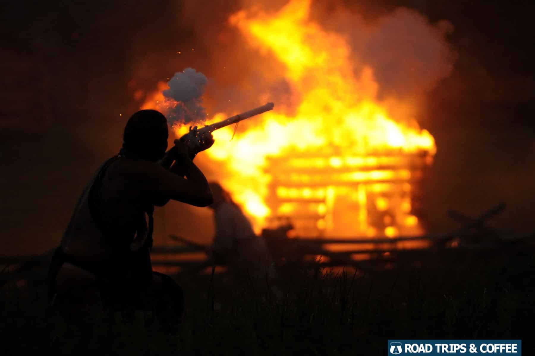 A bright burning building during the evening reenactment during the Raid at Martin's Station at Wilderness Road State Park in Virginia