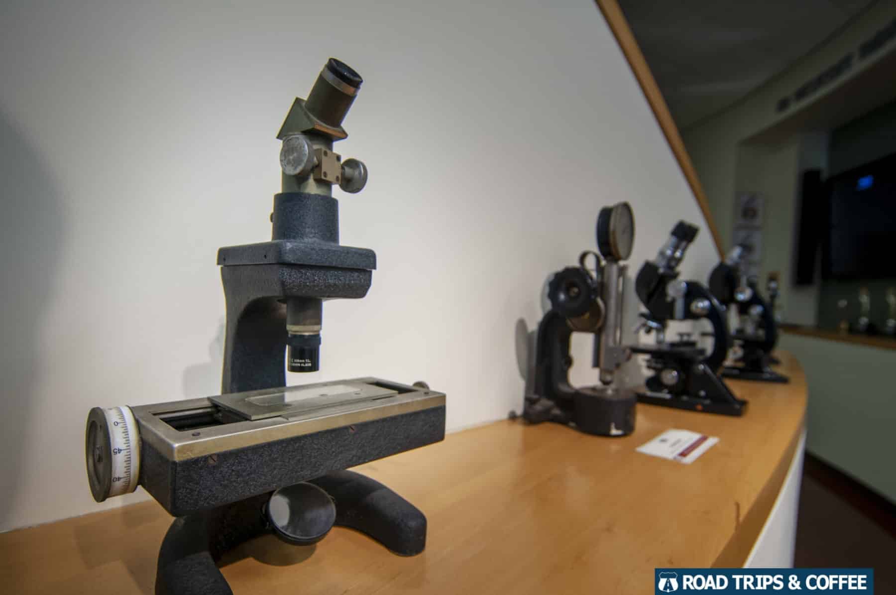 A row of microscopes on display at the Y-12 New Hope Center in Oak Ridge, Tennessee