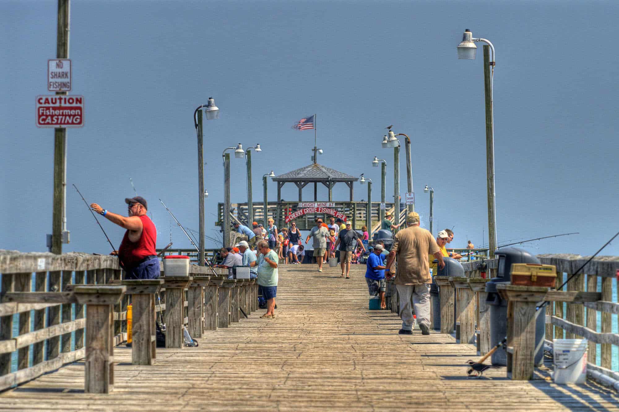 Two-story observation deck at the end of the wooden Cherry Grove Fishing Pier in North Myrtle Beach, South Carolina.