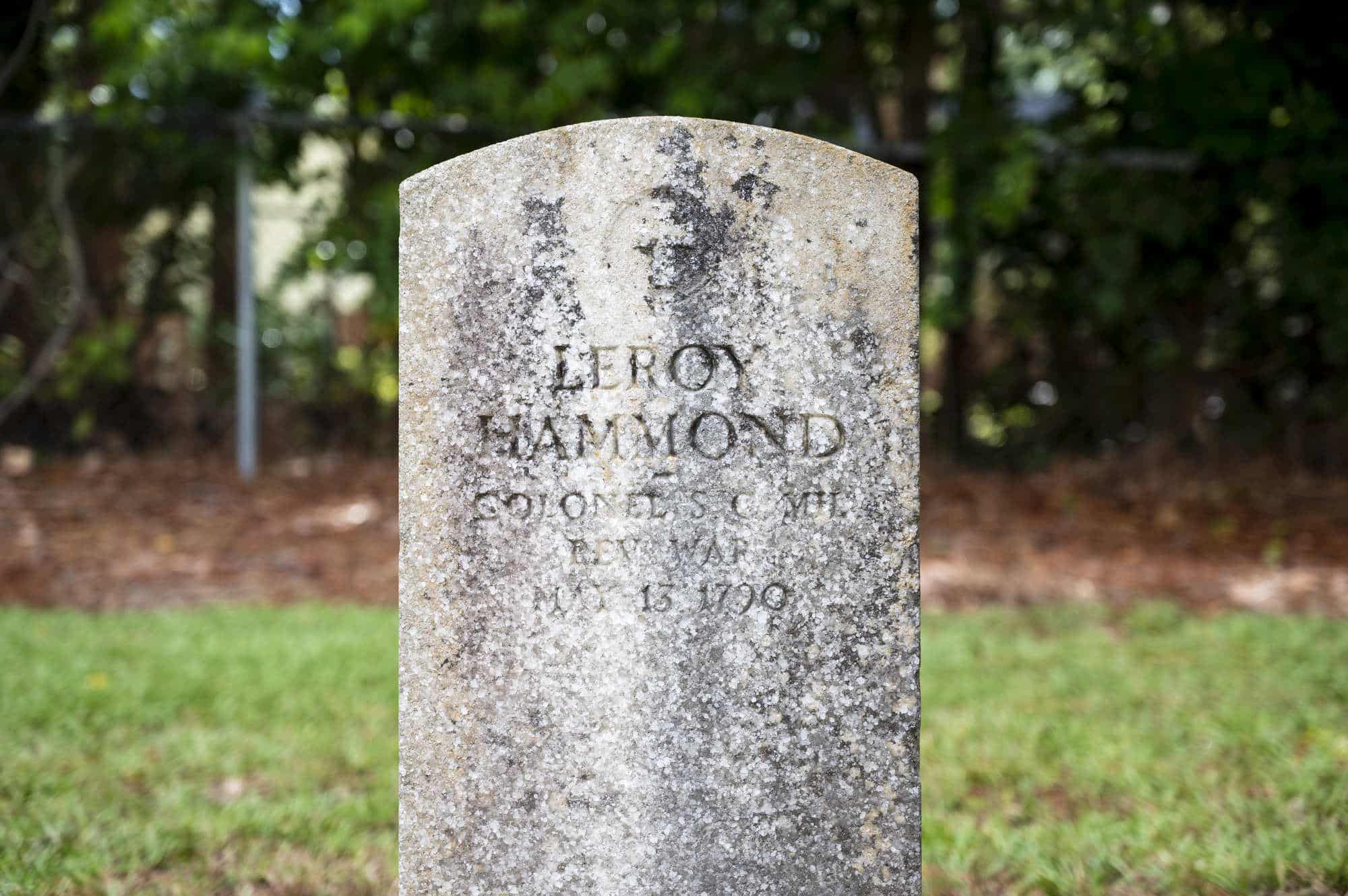 Weathered tombstone of Colonel LeRoy Hammand at Charles Hammond House in North Augusta.