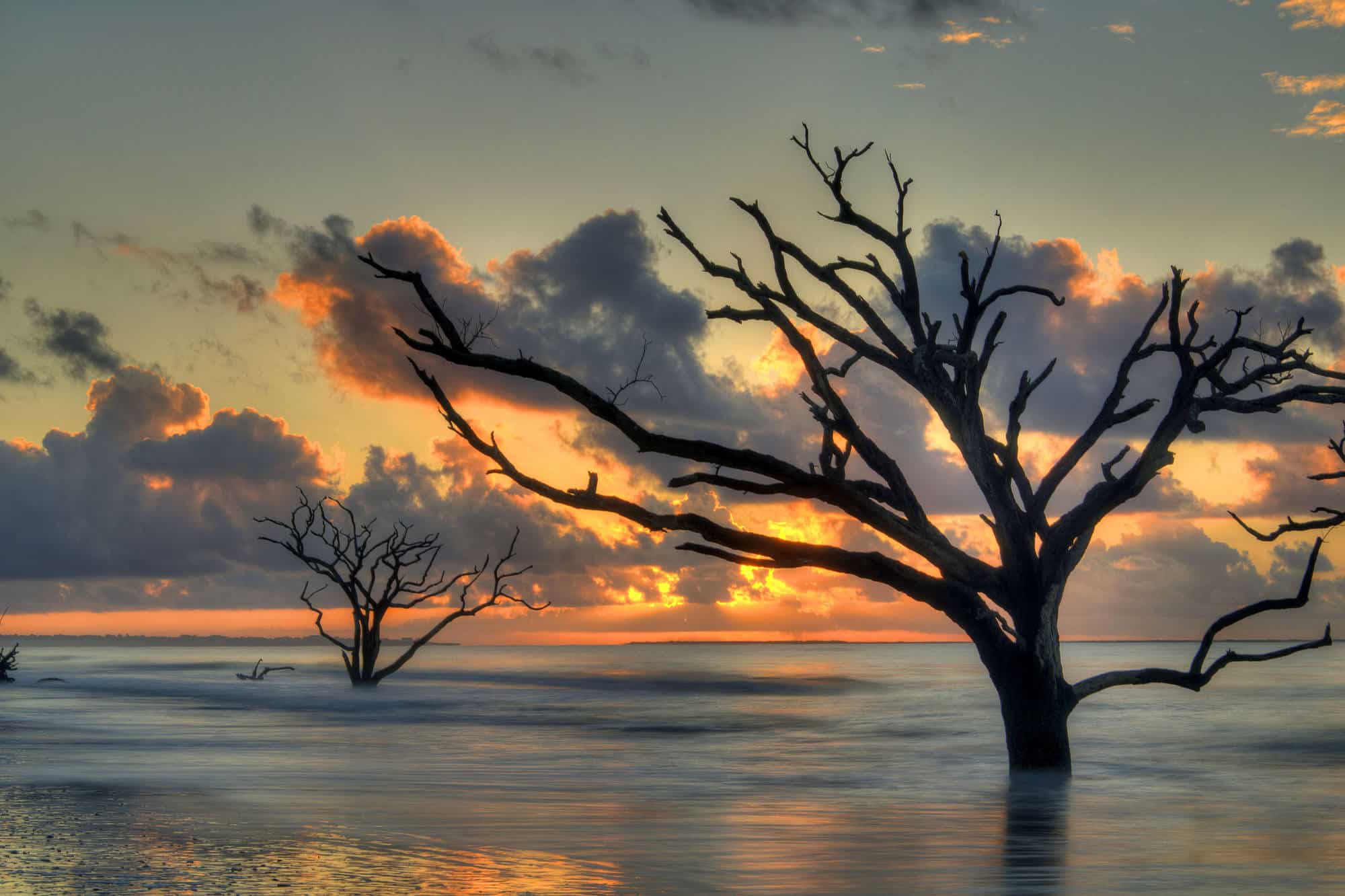 Warm oranges and reds spread across the clouds in the sky behind a silhouetted deadwood tree at Botany Bay in South Carolina.
