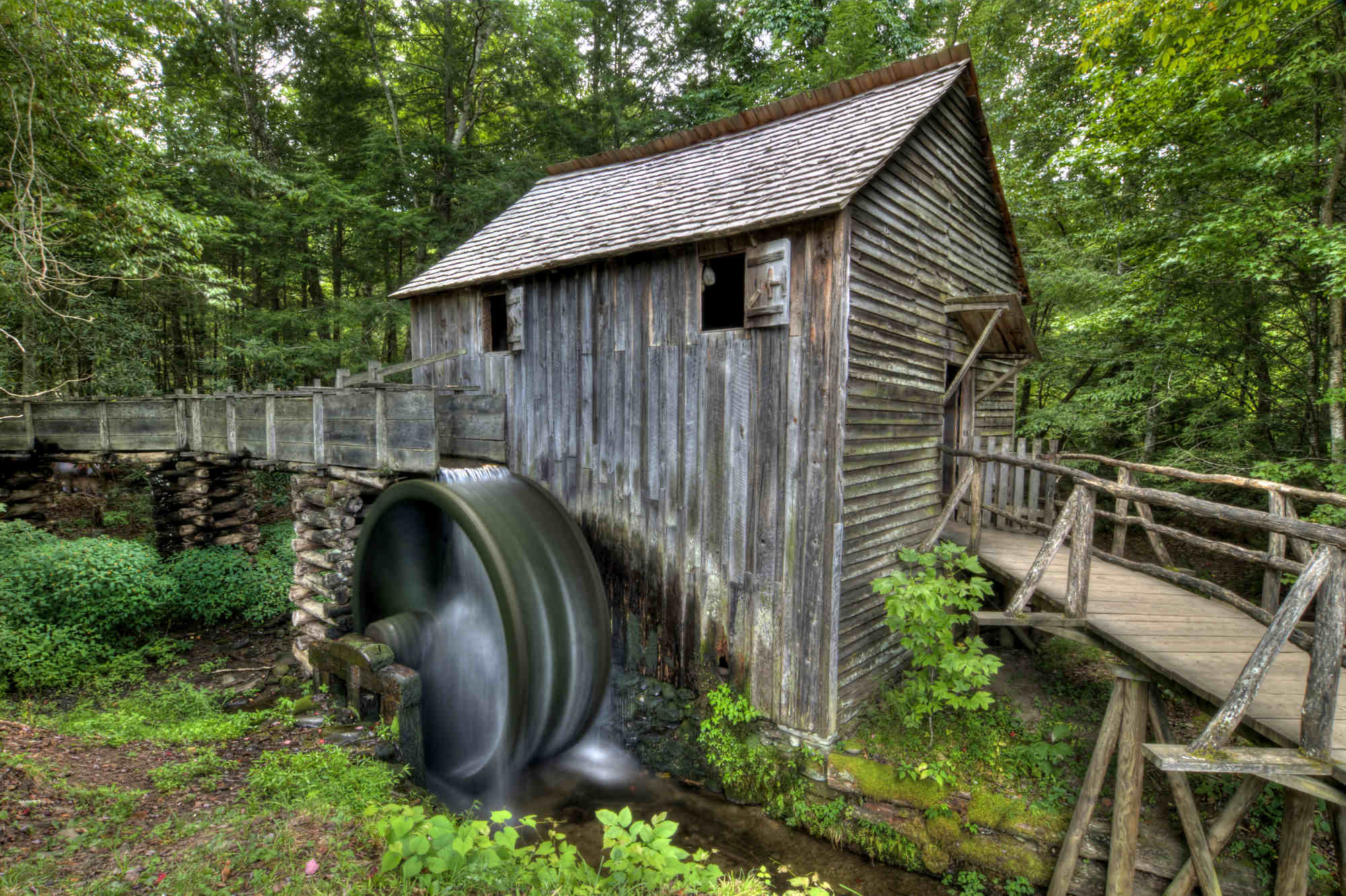 Water spins the wheel at the Cable Mill in Cades Cove in Great Smoky Mountains National Park.