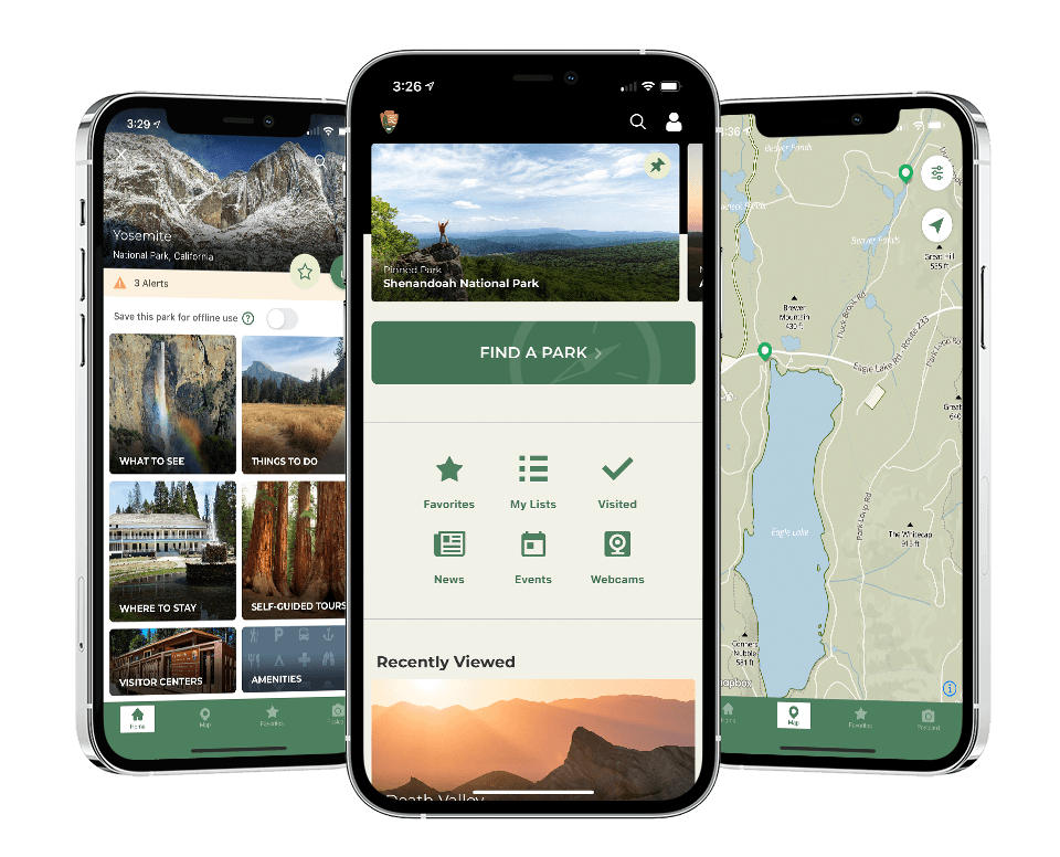 National Park Service app displayed on three smartphones